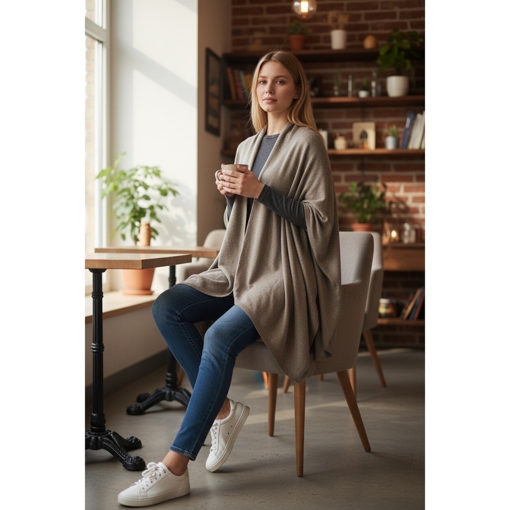 Handmade Nepal 100% Cashmere Open‎ Front Poncho Cardigan Taupe Heather Wrap